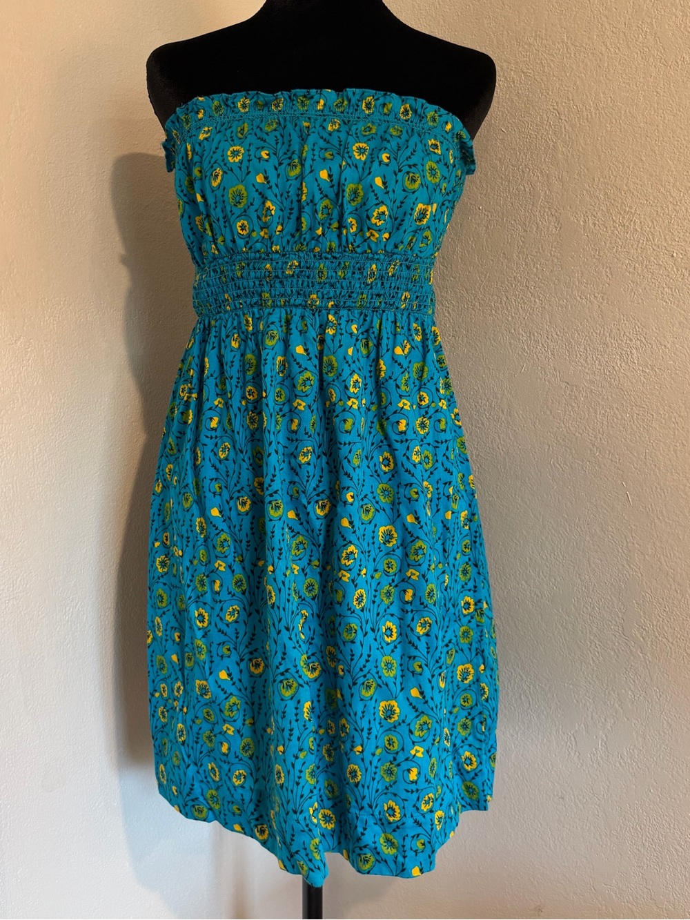 Vintage 2003 Free People Boho Turquoise Blue Floral Smocked Tube Dress Y2K SZ 4